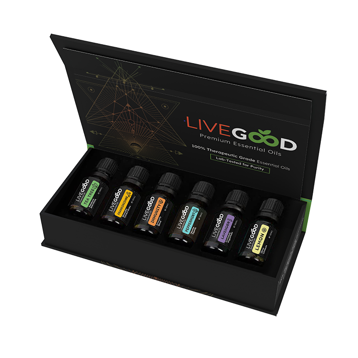 Complete Therapeutic-Grade Essential Oil Collection — 6 premium bottles including Lavender, Lemon, Tea Tree, Peppermint, Frankincense, and Immunity Blend in an elegant presentation box